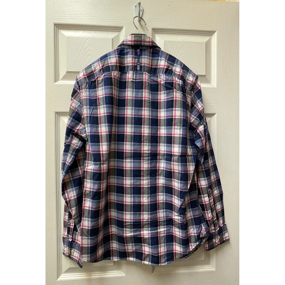 Banana Republic Men's M Grant‎ Fit Shirt Navy Pink Blue Plaid Oxford EUC